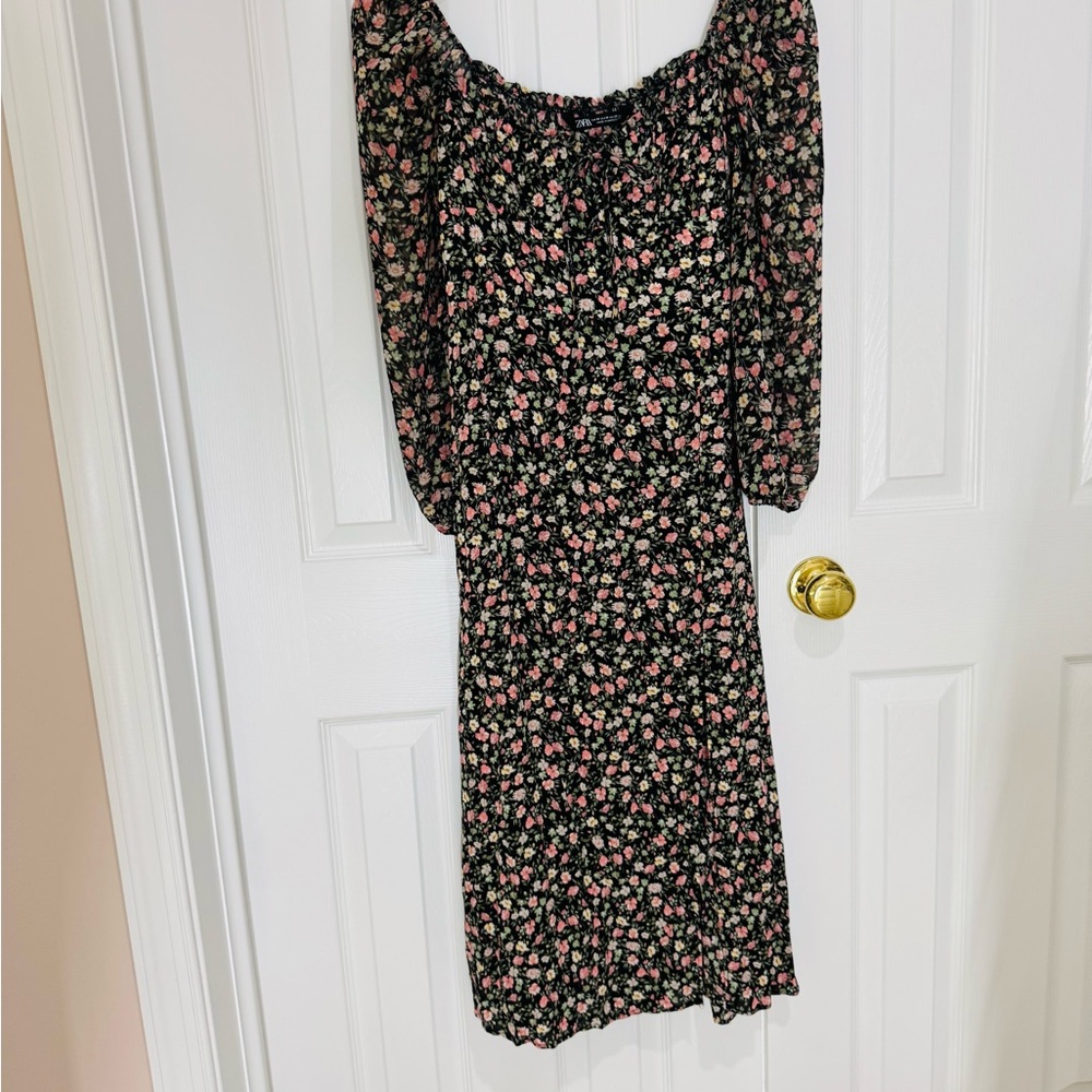 Med Zara Floral Black Dress Midi Sheer Sleeves cottagecore